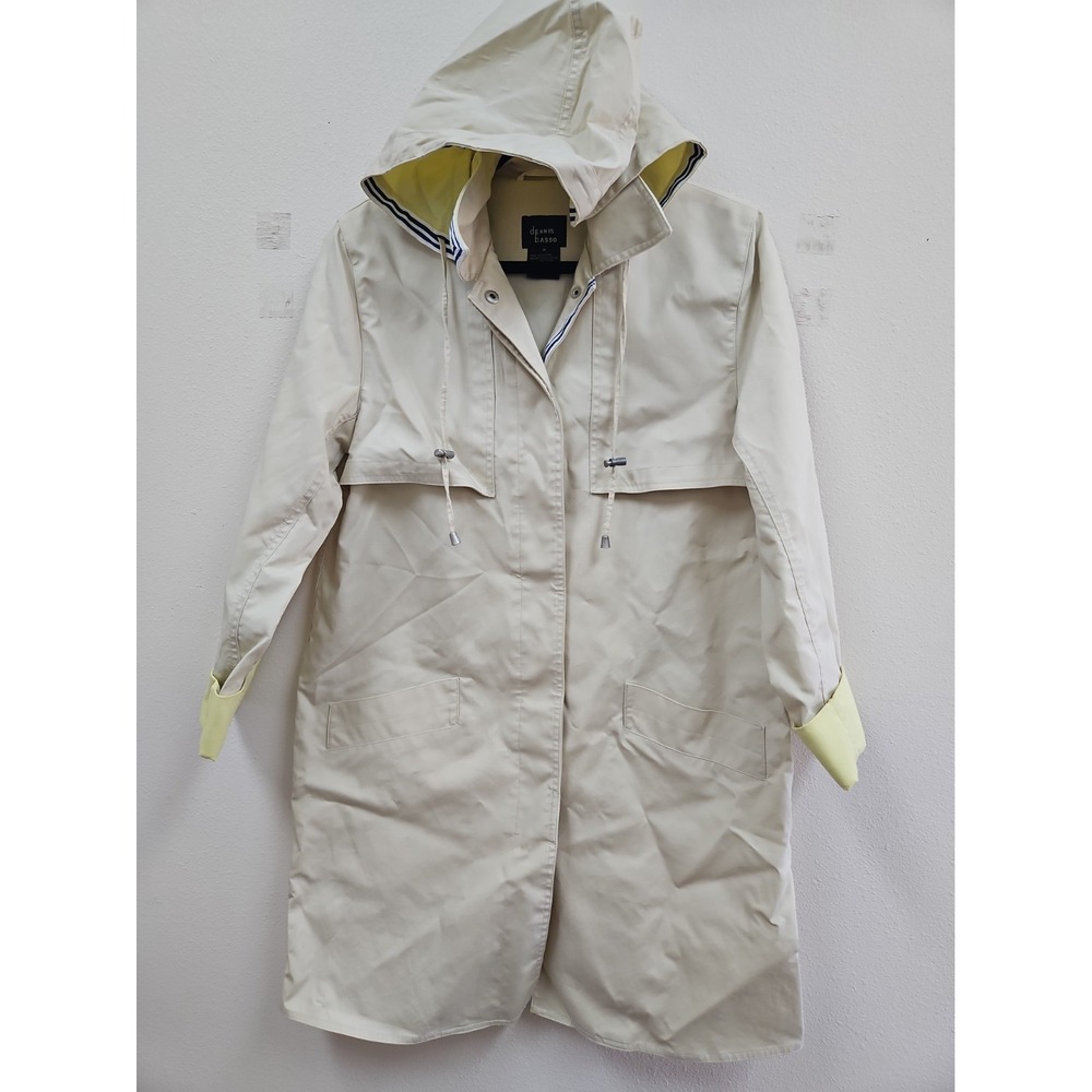 Dennis by Dennis Basso Beige Yellow Blue Trench Coat Hoodie Size Medium